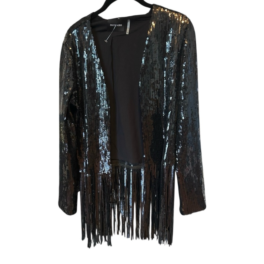 NWT Dolce Cabo Sequin Fringe Jacket Sz MED Black Cropped Formal Cruise Wedding